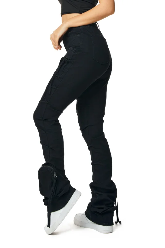 High Rise Cargo Stacked Denim Jeans - Deep Black High Rise Cargo Stacked Denim Jeans - Deep Black