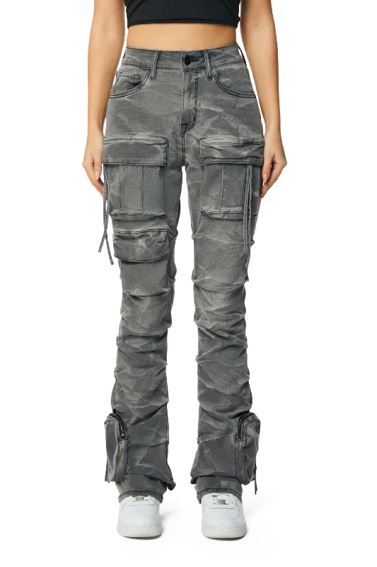 High Rise Cargo Stacked Denim Jeans - Twinkle Grey