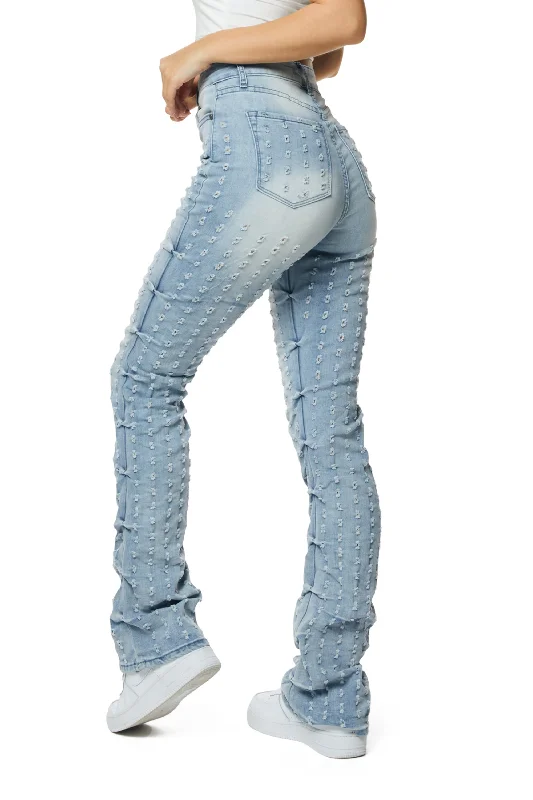 High Rise Punched Bootcut Denim Jeans - Sky Blue