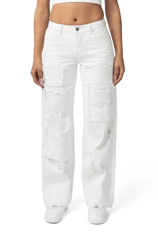 Mid Rise Rip Off Wide Leg Denim Jeans - White