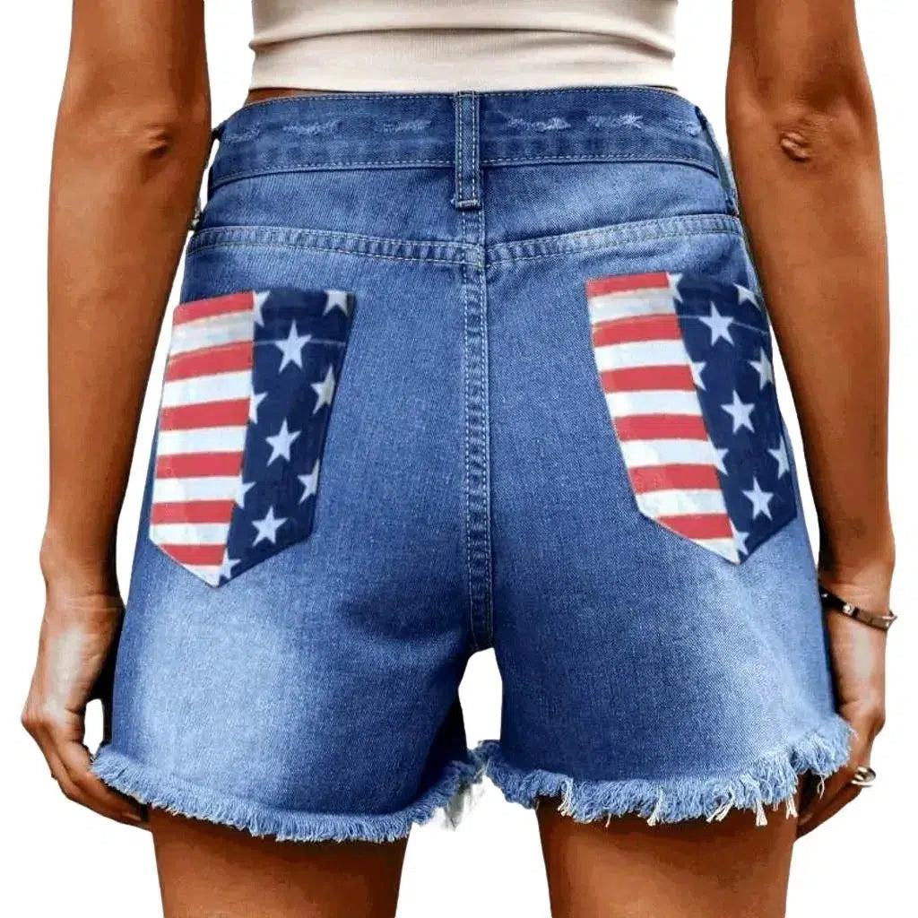 Patched high-waist jean shorts for women