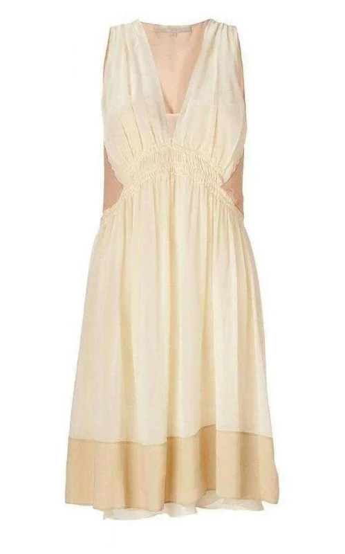 Beige Color Blocked Silk Dress