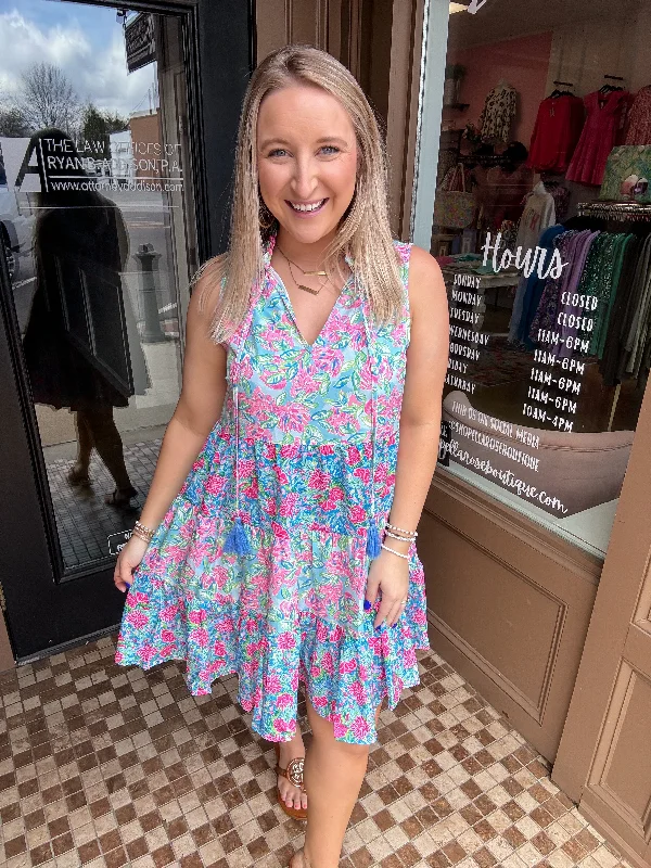 Blue Multi-Pattern Tiered Dress