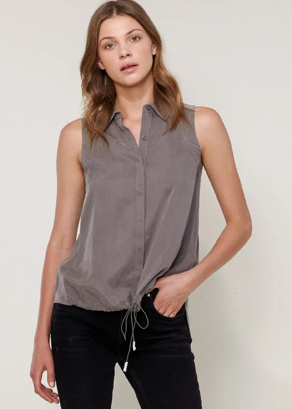 Women's Sleeveless Cupro Drawstring Button Up Top