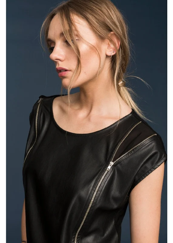 Women's Zip Shoulder Leather Front Top