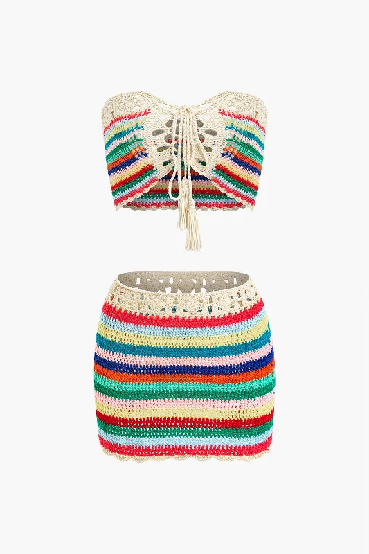 Rainbow Crochet Tie Front Tube Top And Skirt Set