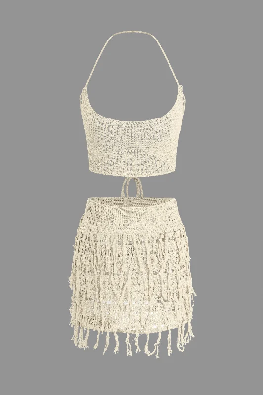 Crochet Fringe Halter Backless Knit Mini Skirt Set