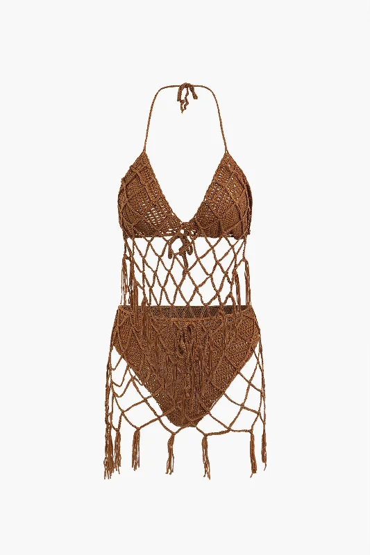 Solid Knit Tie Up Fringe Cut Out Braided Backless Shorts Set