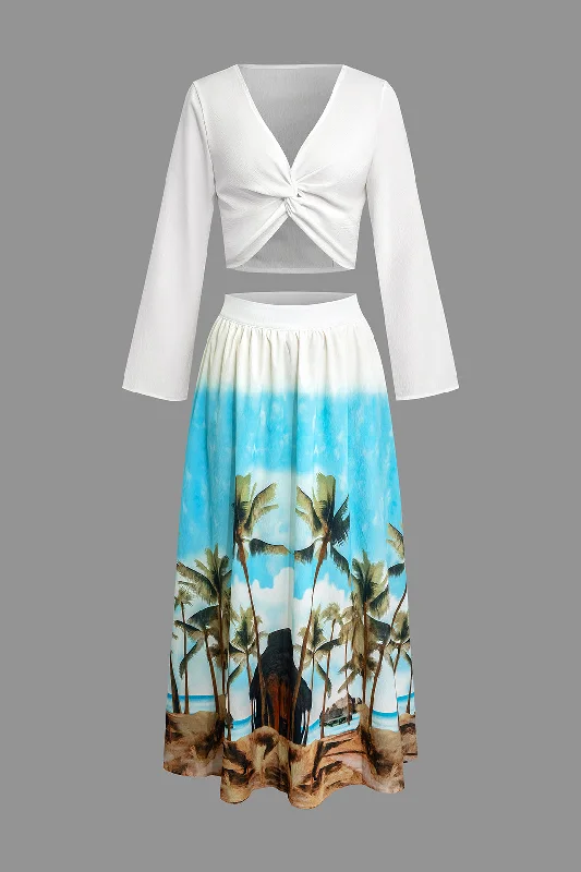 Coconut Palm Print Ruched Twist Knot Skirt Set