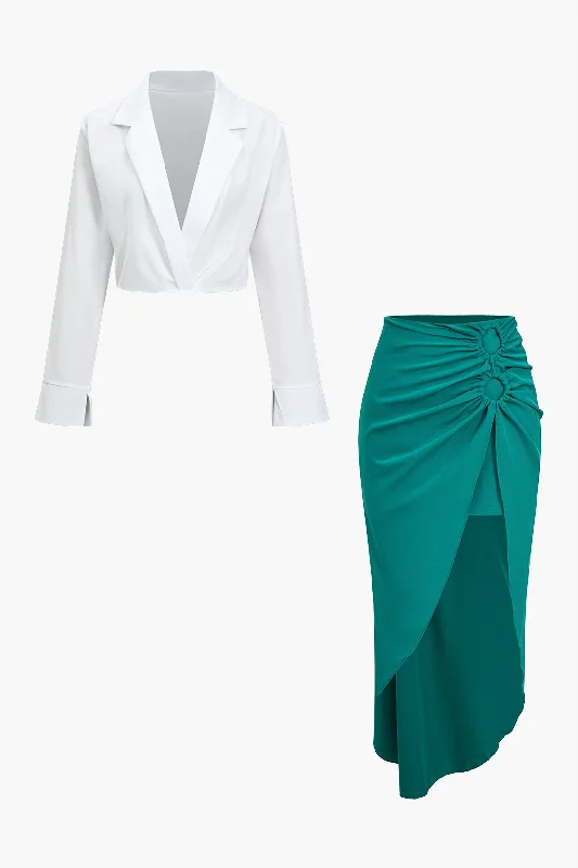 Solid Notched Lapel  Blazer And Asymmetrical Skirt Set