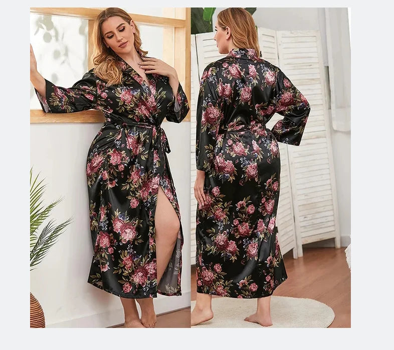 Satin Long Sleeve Bathrobe for Women Big Size 4Xl 5Xl Nightgown Sexy V-Neck Kimono with Belt Loose Home Wear Sexy Print Robe